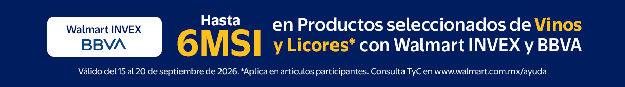 Walmart INVEX BBVA en Productos seleccionados de Vinos 6MSI y Licores* con Walmart INVEX y BBVA Válido del 15 al 20 de septiembre de 2026. *Aplica en artículos participantes. Consulta TyC en www.walmart.com.mx/ayuda