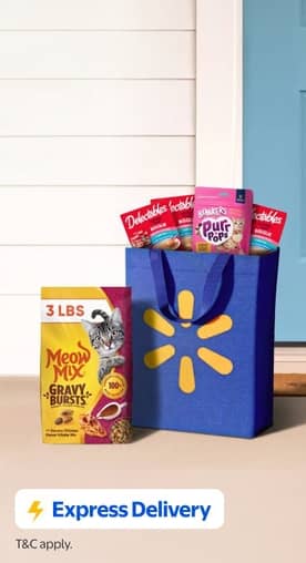 A Walmart delivery bag of Meow Mix, Delectables, and Bonkers Purr Pops.