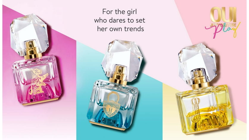 The three different Oui Juicy Couture Play perfumes are displayed. Above them, text reads, For the girl who dares to set her own trends.