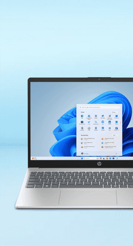 Image shows a natural silver HP laptop with a blue screen design on a light blue background.