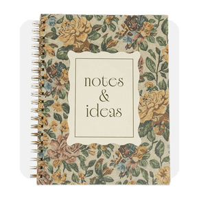 Image shows a Pearhead floral hardcover spiral notebook titled "Notes and Ideas" on a white background.