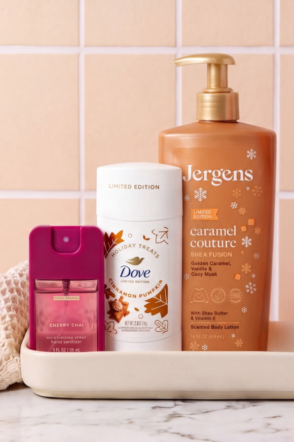 Jergens caramel couture shea fusion lotion, Dove holiday treats cinnamon pumpkin and cherry chai body spray on a tray.