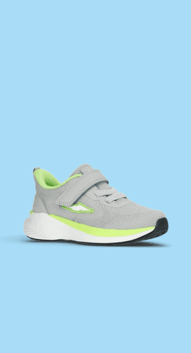 Image shows a gray and green Avia toddler athletic runner sneaker with Velcro straps on a light blue background.