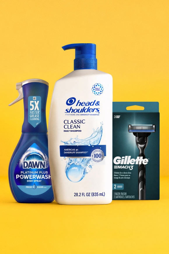 Major League Soccer and Proctor and Gamble logos. Head and Shoulders daily shampoo, Dawn Platinum Powerwash dish spray, Tide Original detergent.