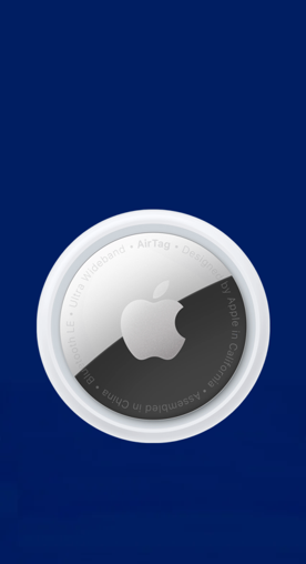 Image shows a sleek white and silver Apple AirTag on a dark blue background.