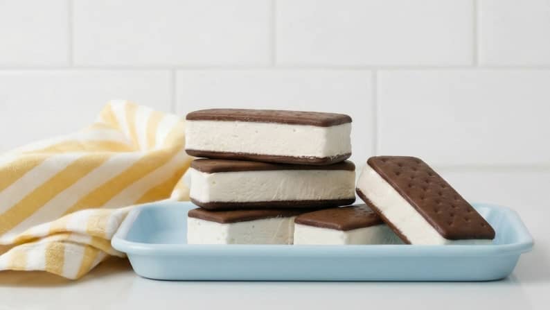 Five ice cream sandwiches on a blue tray next to a white and yellow striped towel.