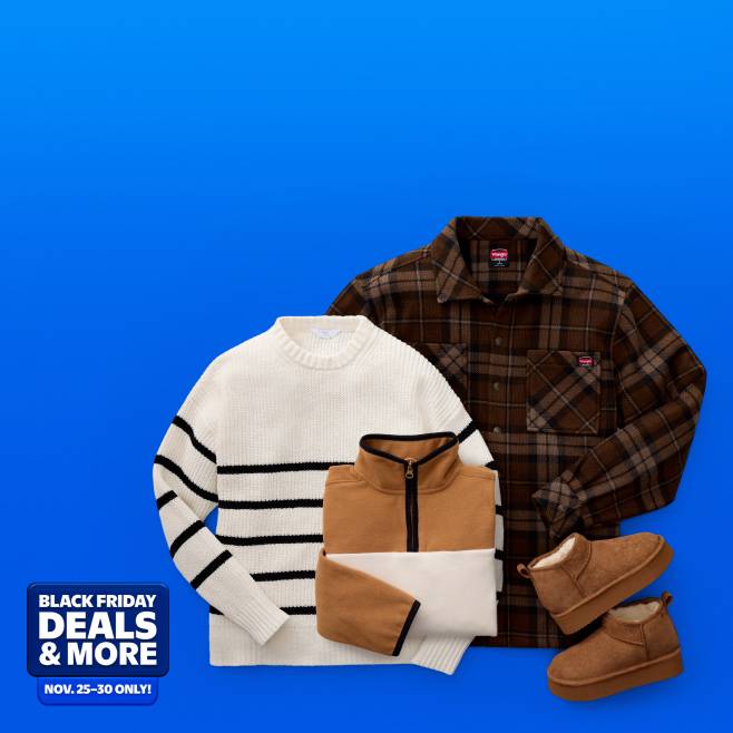 Black Friday Deals and more. Eleven twenty-five to thirty. See a white sweater with black stripes, a dark flannel, a brown zip-up and brown slippers.