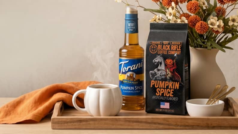 Torani sugar-free pumpkin spice syrup, Black Rifle Coffee Company pumpkin spice coffee, and a white pumpkin mug of coffee on a wooden tray.