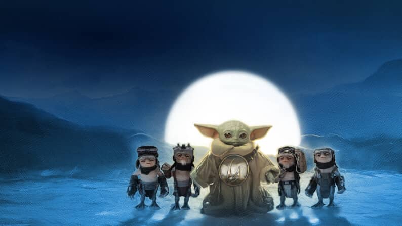 Grogu, Babu Frik and three other droidsmiths in front of a rising full moon.