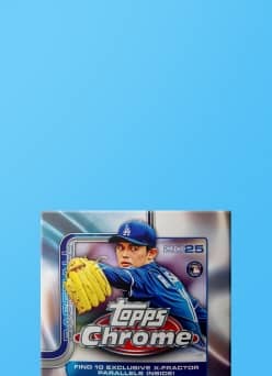 A pack of 2025 Topps Chrome baseball trading cards is shown.