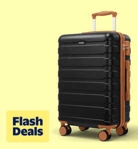 Image shows a black Miusse carry-on luggage with brown accents on a light yellow background.