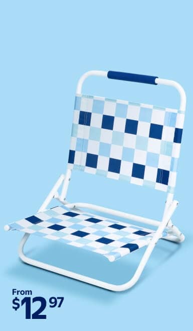 A blue and white checkered beach chair is visible. The text “From twelve dollars and ninety-seven cents” is seen at the bottom left corner.