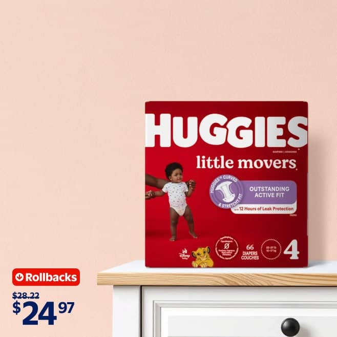 Rollbacks badge. Strikethrough $28.22 pricing with bold $24.97 pricing. Huggies little Lion King size 4 diapers.
