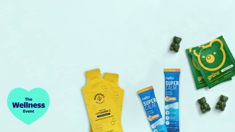 Beekeeper’s Naturals Vitamin C, Nello calming drink mix, and Gruns superfood bear-shaped gummies.