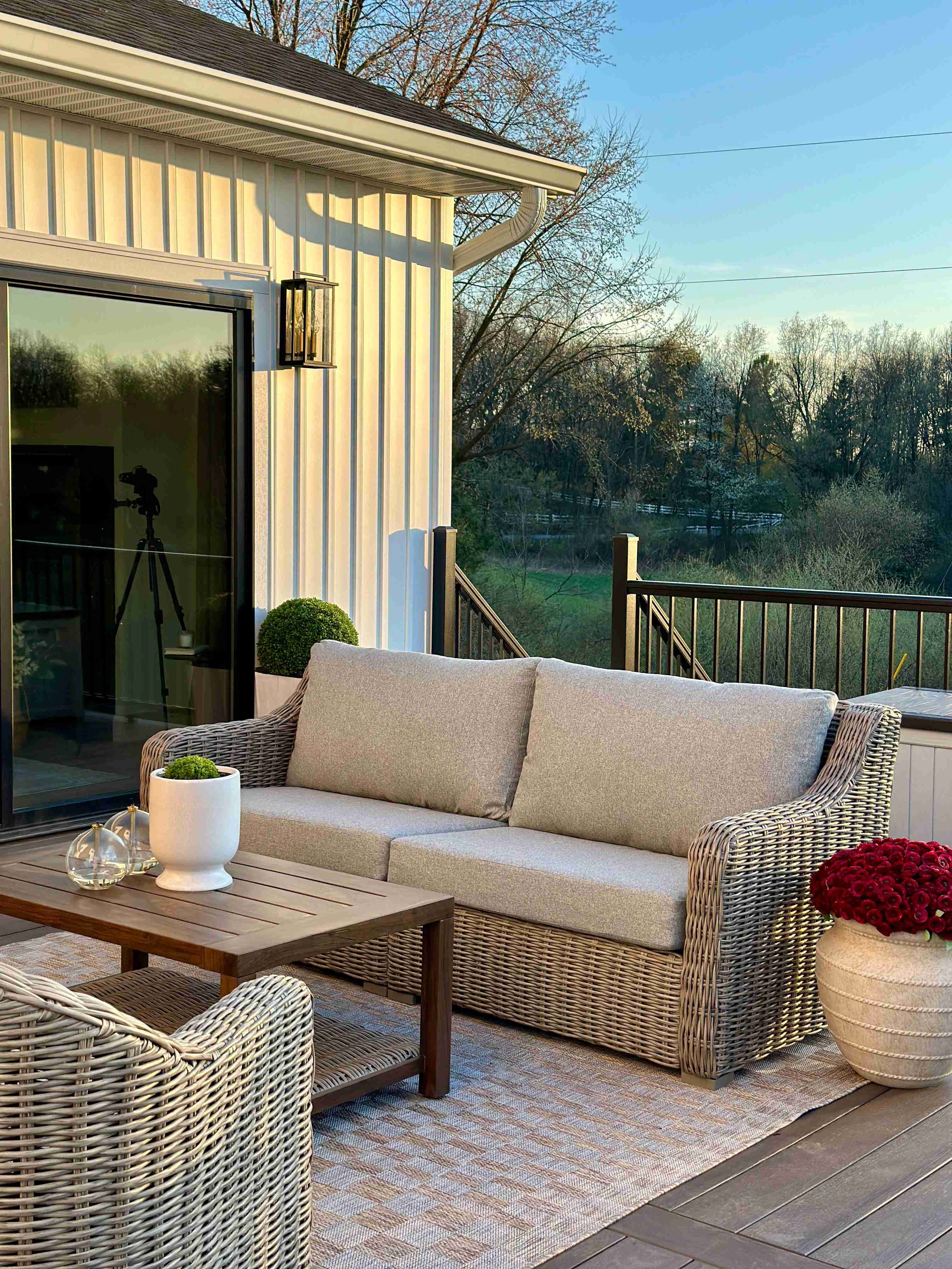 This outdoor patio set is perfect for an outdoor living room. I love the all weather wicker and plush cushions. And the barrel back chairs swivel and rock for extra relaxation. We've loved this set!, Shop post, 