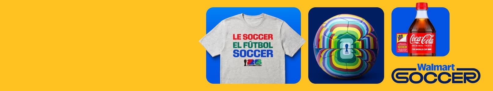 Walmart Soccer badge. FIFA World Cup merch—a grey tee with different translations of the word soccer, a multi-color soccer ball and a bottle of Coke.