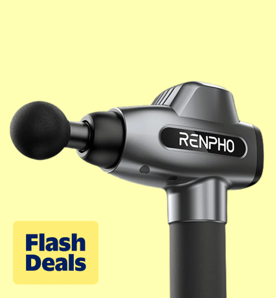 Image shows a black and gray RENPHO massage gun with a round attachment on a light yellow background.