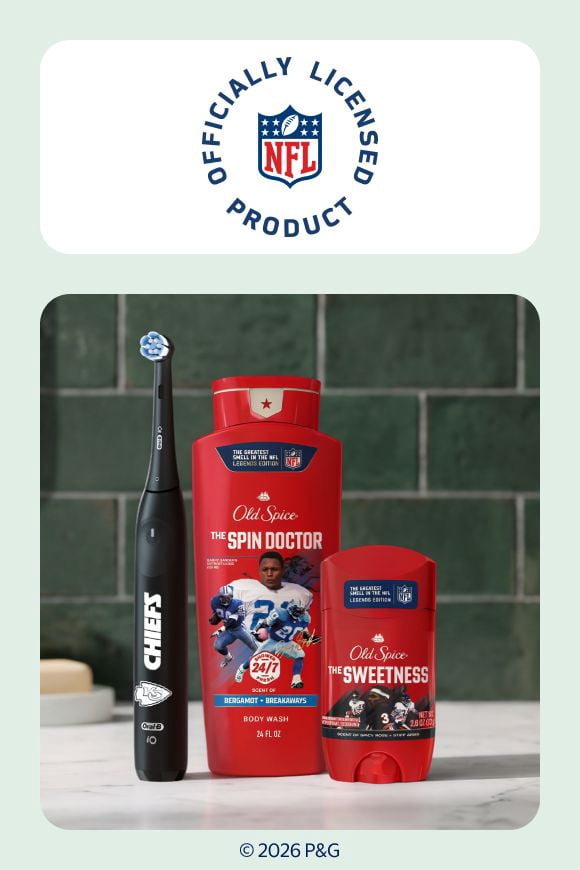 Officially licensed NFL product. Old Spice body wash The Spin Doctor and deodorant The Sweetness with Chiefs electric toothbrush. © 2026 P and G.