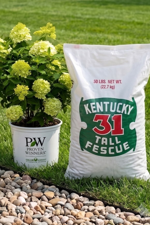 Kentucky 31 Tall Fescue seed bag and PW Proven Winners potted shrub on stones and grass.