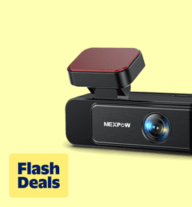 Image shows a black Nexpow dash camera with a red accent on a light yellow background.