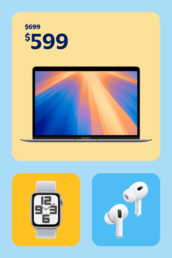 MacBook, AirPods and Apple Watch shown along with cloud, pencil and sparkle illustrations.