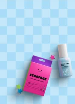 Starface Pimple Patches and Elf Thirst Burst Drops on blue checkered background.