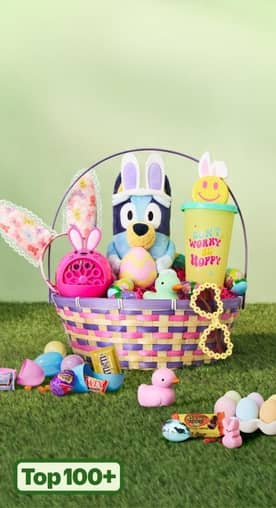 Top one hundred plus. Dyed and prefilled eggs next to a basket with bunny ears, a Bluey plushie, water bottle, eggs, sunglasses and bubble machine.