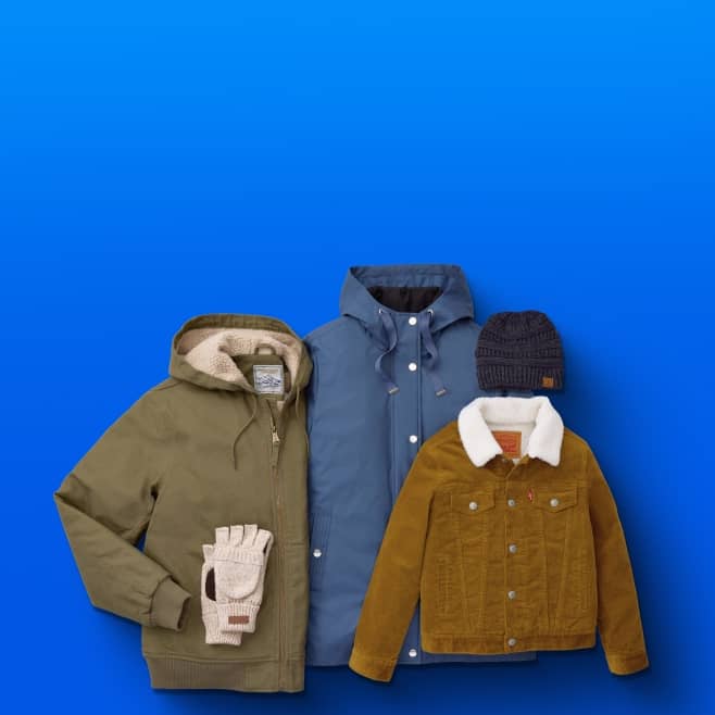 A green zip-up jacket with a fuzzy lining, a pair of knitted gloves, a blue parka, a knitted beanie and Levi's corduroy jacket with a fuzzy collar.