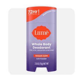 Image shows a purple and orange Lume Whole Body Deodorant stick for soft powder, placed against a light gray background.