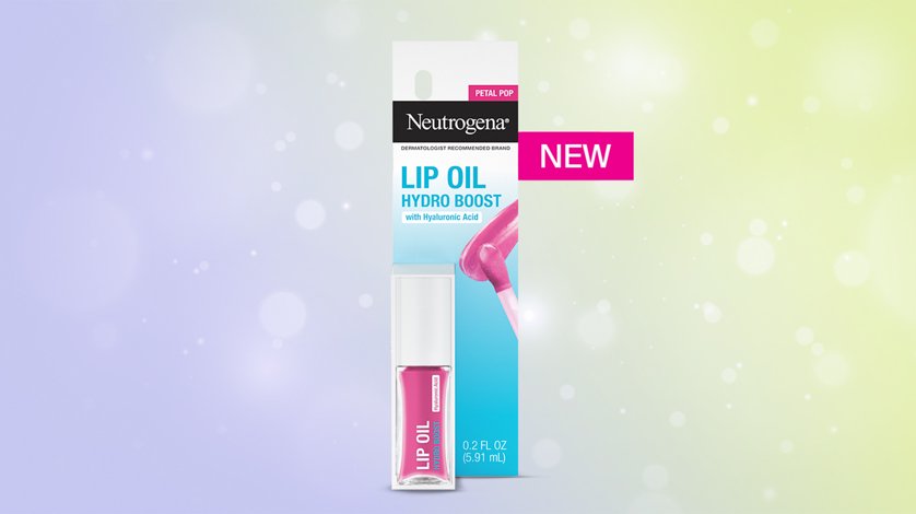 Neutrogena Lip Oil against a purple and green background.