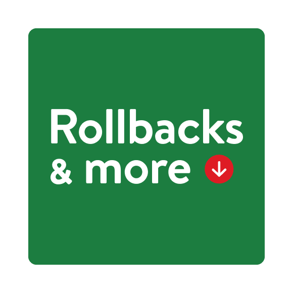 A white down arrow enclosed in a red circle is next to the words “Rollbacks and more.”