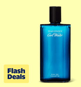 Flash deals. Image shows the blue packaging of Davidoff Cool Water cologne for men on a light yellow background.