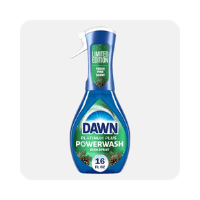Image shows a blue bottle of Dawn Powerwash dish spray on a light gray background.