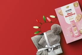 An image of a Madden NYC hat and scarf set, a Dove x crumbl gift set and a graphic of multicolor string lights.