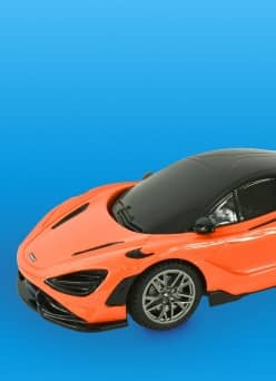 An orange and black Adventure Force McLaren 765LT radio-controlled vehicle against a blue background.