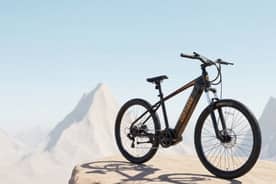 An e-bike is featured with a mountain background