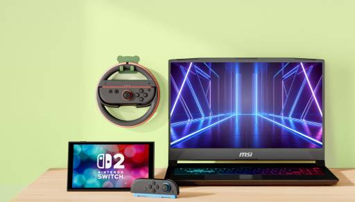 An image of Nintendo Switch consoles and a msi laptop.