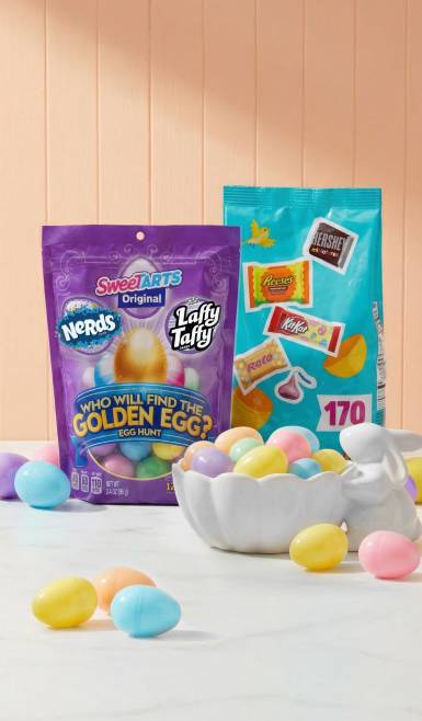 Nerds, Sweetarts, Laffy Taffy, Hershey’s, Reese’s, Rolo, and KitKat candies with pastel-colored plastic eggs.