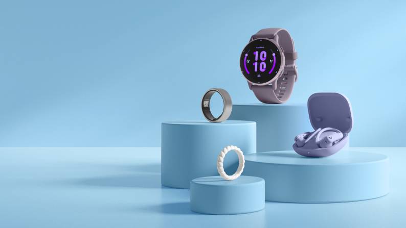 Two smart rings, a smart watch with a purple display and purple earbuds in a case.