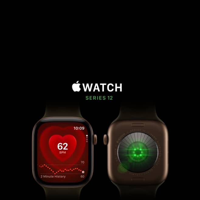 Apple Watch Series 12 front and back, heart rate screen reading sixty two BPM with two minute history and green sensor on the back.