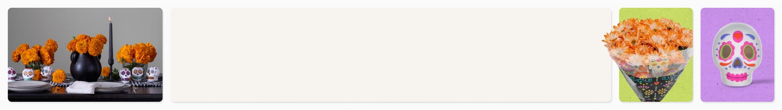 A banner with an image of a decorated table, an image of a bouquet of flowers and an image of a decorative skull.