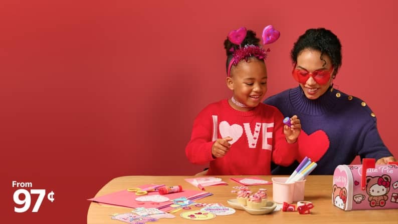 A child and woman sit at a table with arts and crafts. Text reads: from ninety-seven cents.