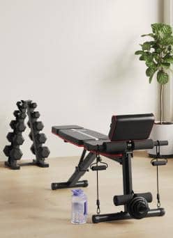 Adjustable weight bench with attached resistance bands, dumbbell rack, water bottle and potted plant in a home gym.
