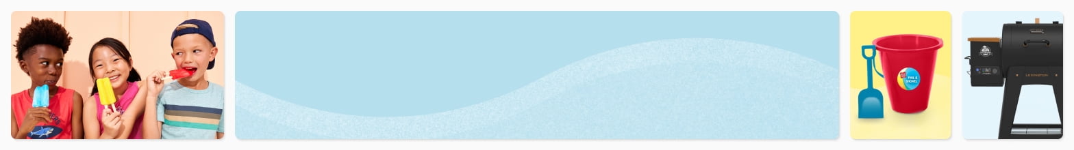 On the left is an image showing three children eating popsicles. On the right is an image of a red sand bucket and blue shovel, and a Lexington grill. In the middle of both images reads “Your time to shine. A summer to remember to starts here”