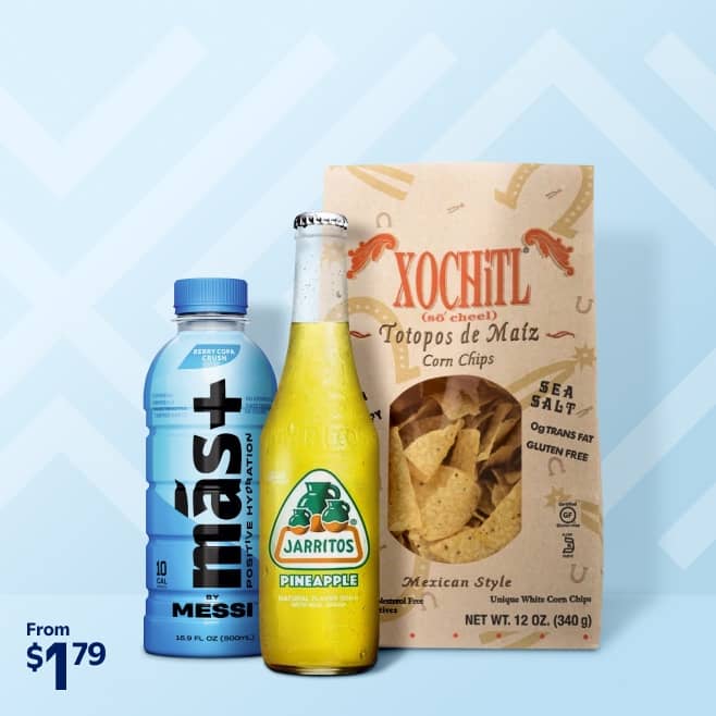 View Jarritos soda, Mas plus recovery drink and Xochitl tortilla chips. From one dollar and seventy-nine cents.