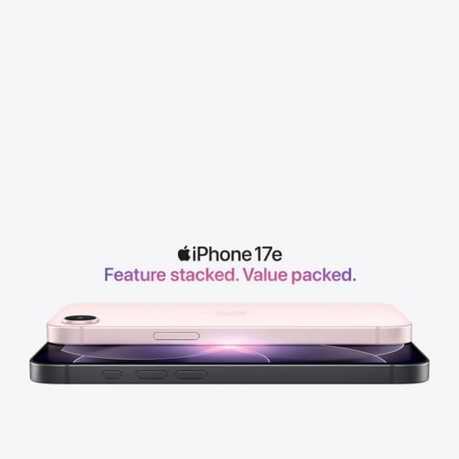 Stacked iPhone 17e models in Soft Pink and Black.