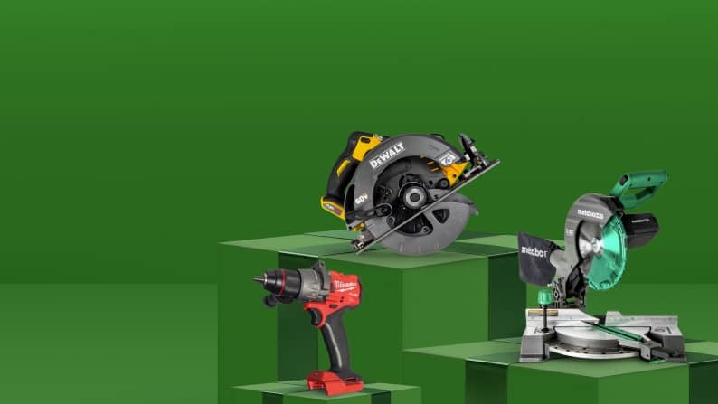 A table saw, a round saw and a power drill.