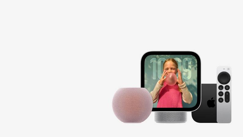 Apple smart home devices including a small speaker, display with a child blowing bubble gum and remote control on a light background.