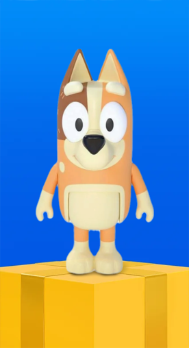 Image shows an orange Bluey action figure standing on a yellow platform against a blue background.