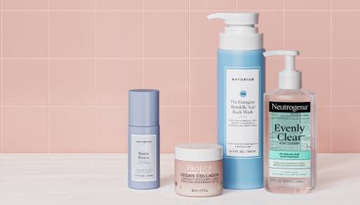 Various skincare products lined up with text “Fresh skincare finds, from $15. Shop now” shot against pink tiled background.